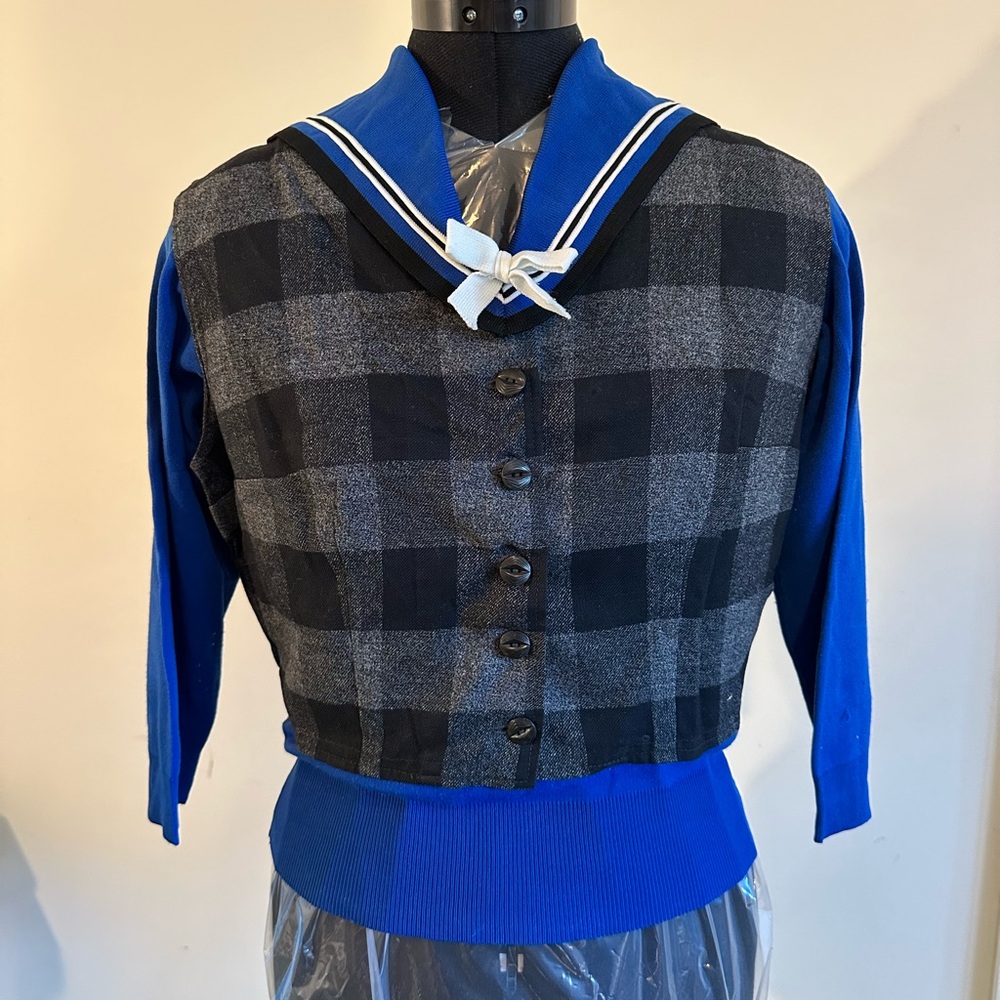 Blue and Black Plaid Sailor Collar Shirt